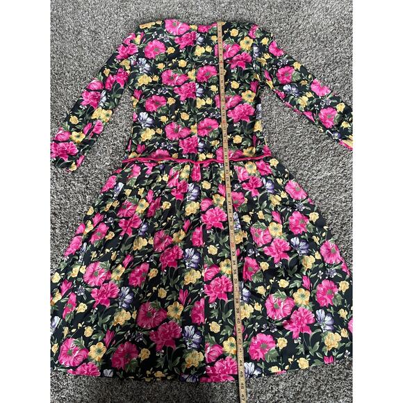 Vintage Midi Dress 6 Black Pink Floral Pleated Drop Waist Romantic Cottage 90s - Picture 14 of 16
